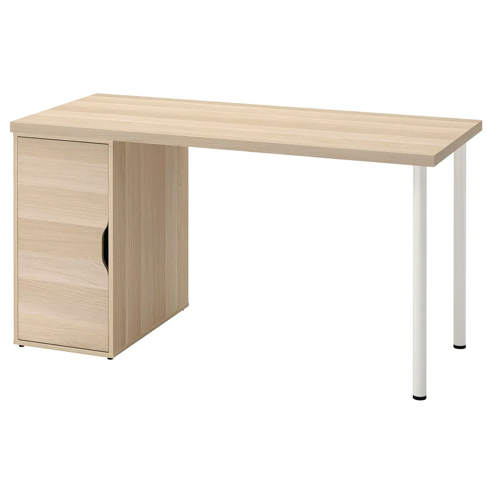 LAGKAPTEN brown desk with storage, simple design, smooth top, black handle, adjustable legs