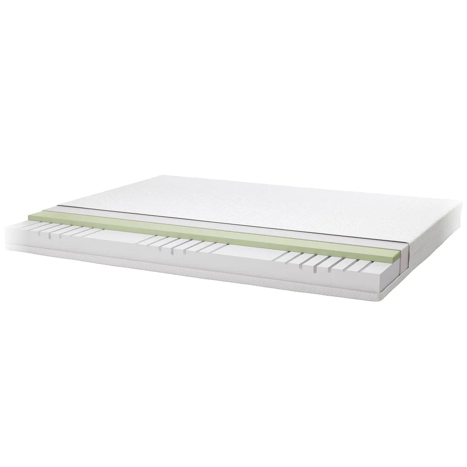 Cross-section of a foam mattress showing layers of polyurethane foam and memory foam encased in polyester ticking.