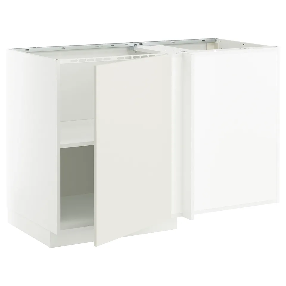 A white METOD kitchen cabinet with modern design, clean lines, corner shelf, and 25-year warranty.