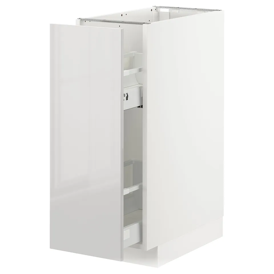White METOD kitchen cabinet, glossy finish, rectangular shape, with multiple shelves inside.
