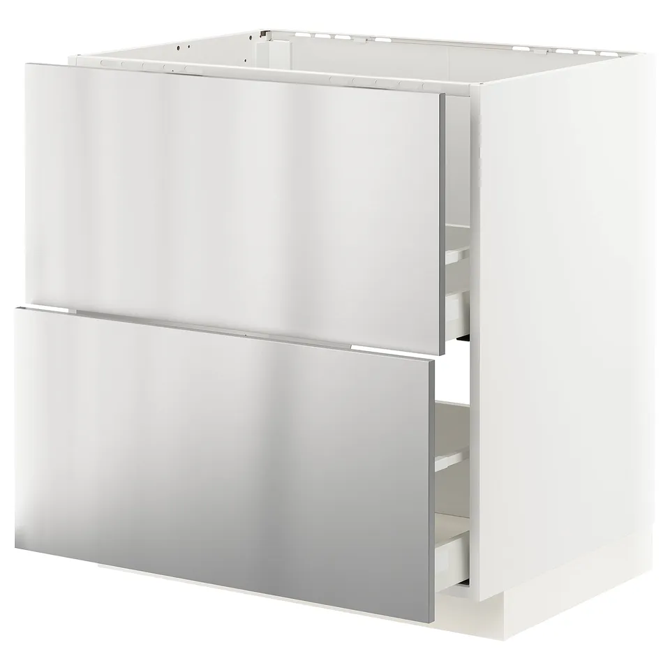 METOD stainless steel kitchen cabinet with 2 drawers, modern industrial design.