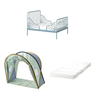 ELDFLUGA/MINNEN/ÖMSINT set: ext bed frame with slatted bed base + bed tent + pocket spring mattress for ext bed