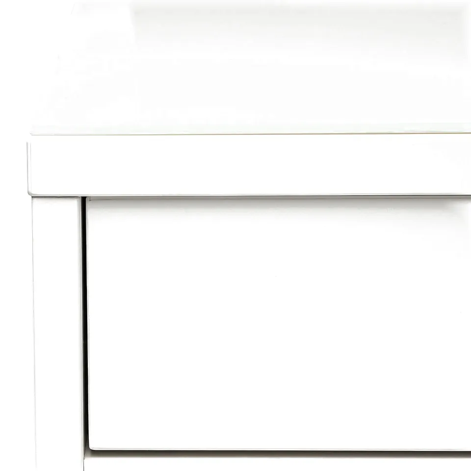 Modern white dressing table with glass top and two drawers, sleek design, high-quality materials.