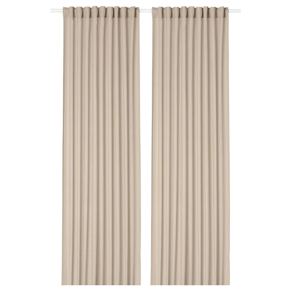Beige sheer curtains, named ROSENROBINIA, hang straight with rod pockets, made from recycled polyester, ideal for interior decor.