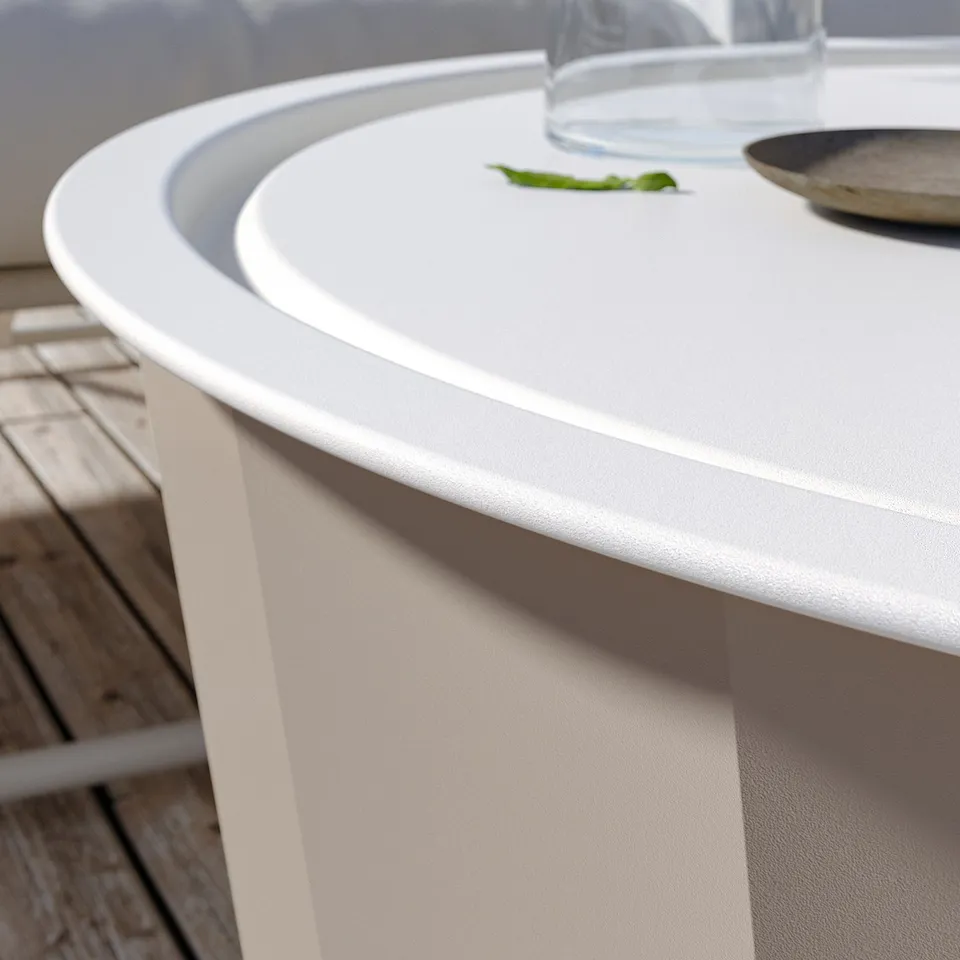 LÅGASKÄR round outdoor table with tray for storage, minimalist design, powder-coated steel and plastic.