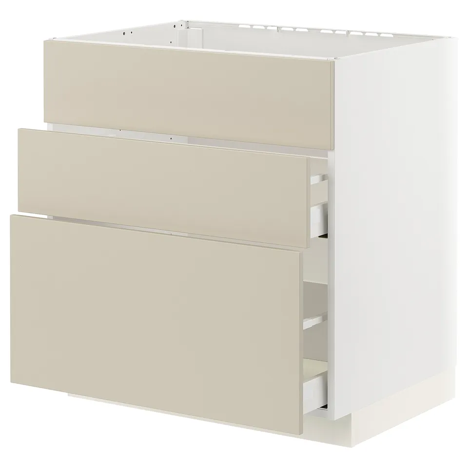 Ikea METOD kitchen unit in beige with three drawers, smooth and modern design.