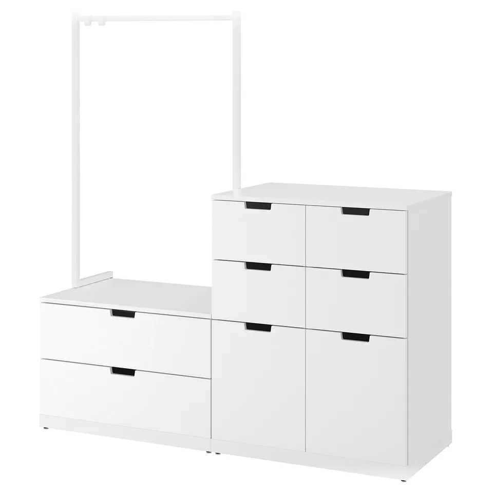 NORDLI white 6-drawer chest; modern, clean design; two wide stands, adjustable feet.