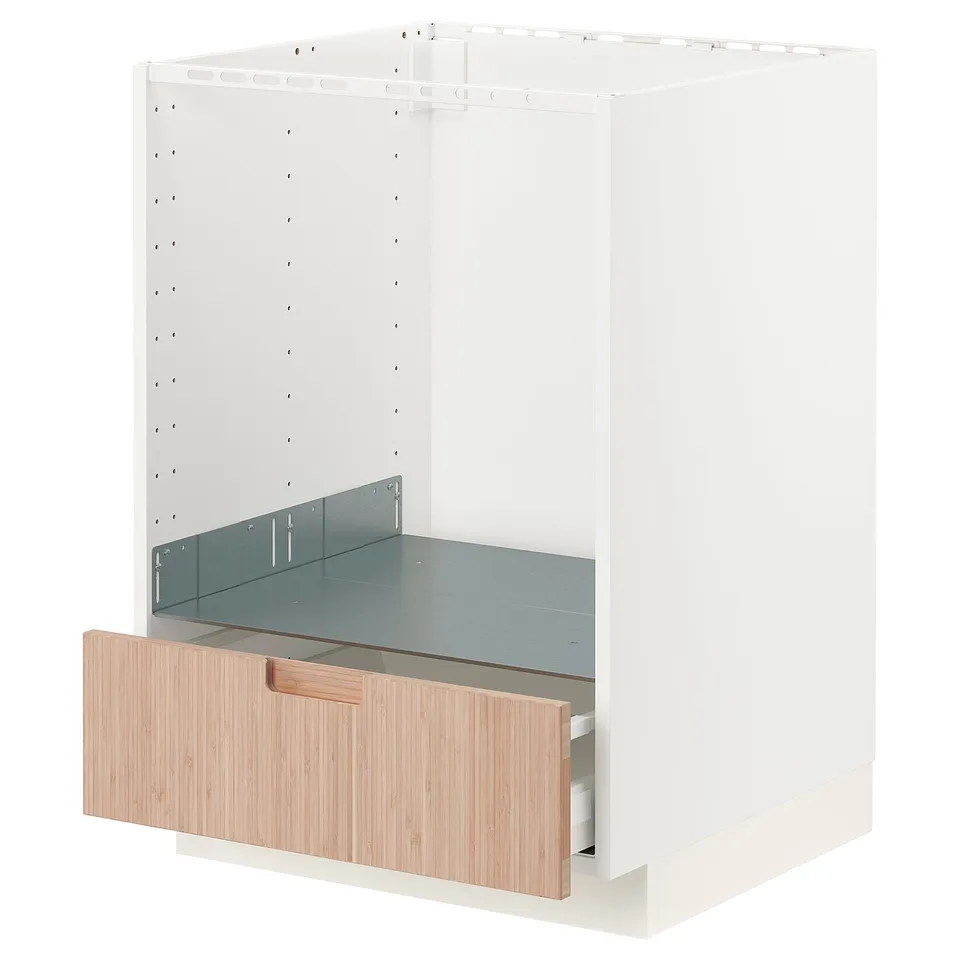 White METOD kitchen cabinet with natural bamboo drawer.