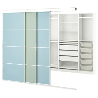 SKYTTA / PAX walk-in wardrobe with sliding doors, white double sided/Mehamn light blue/light green, 251x115x205 cm