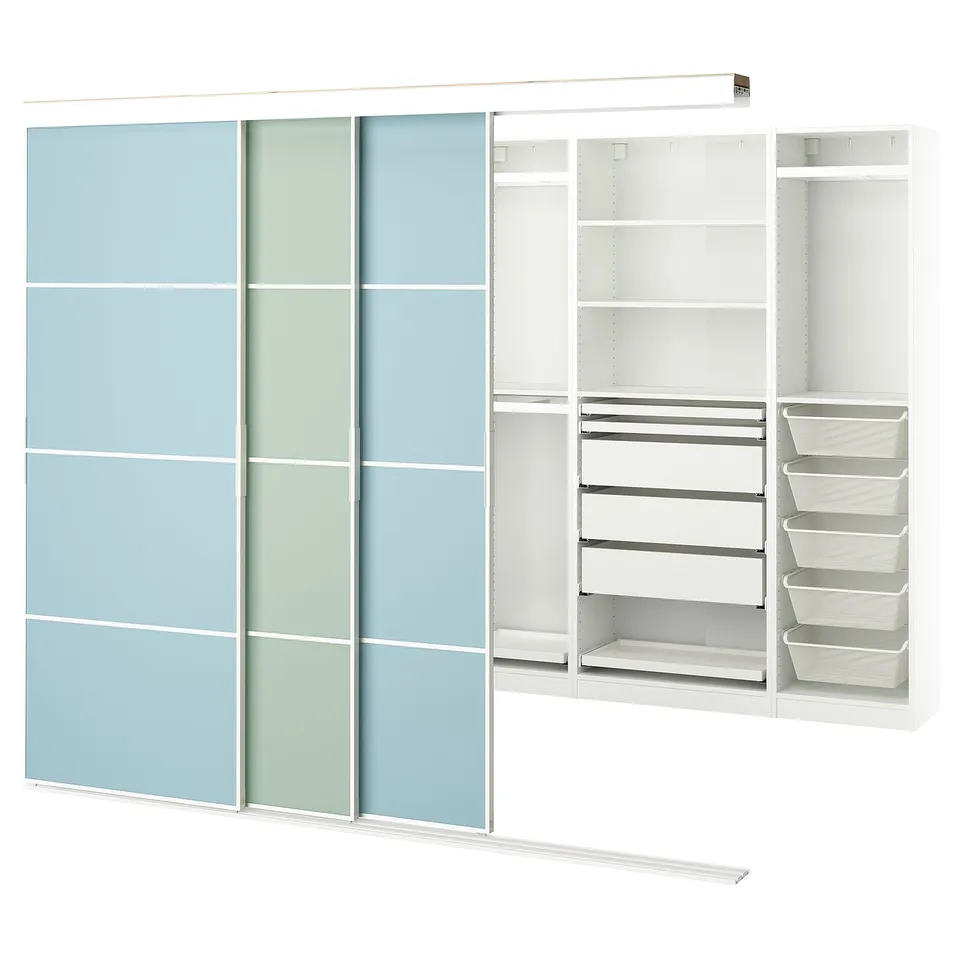 A white SKYTTA wardrobe with blue-tinted glass doors and multiple storage shelves and compartments.