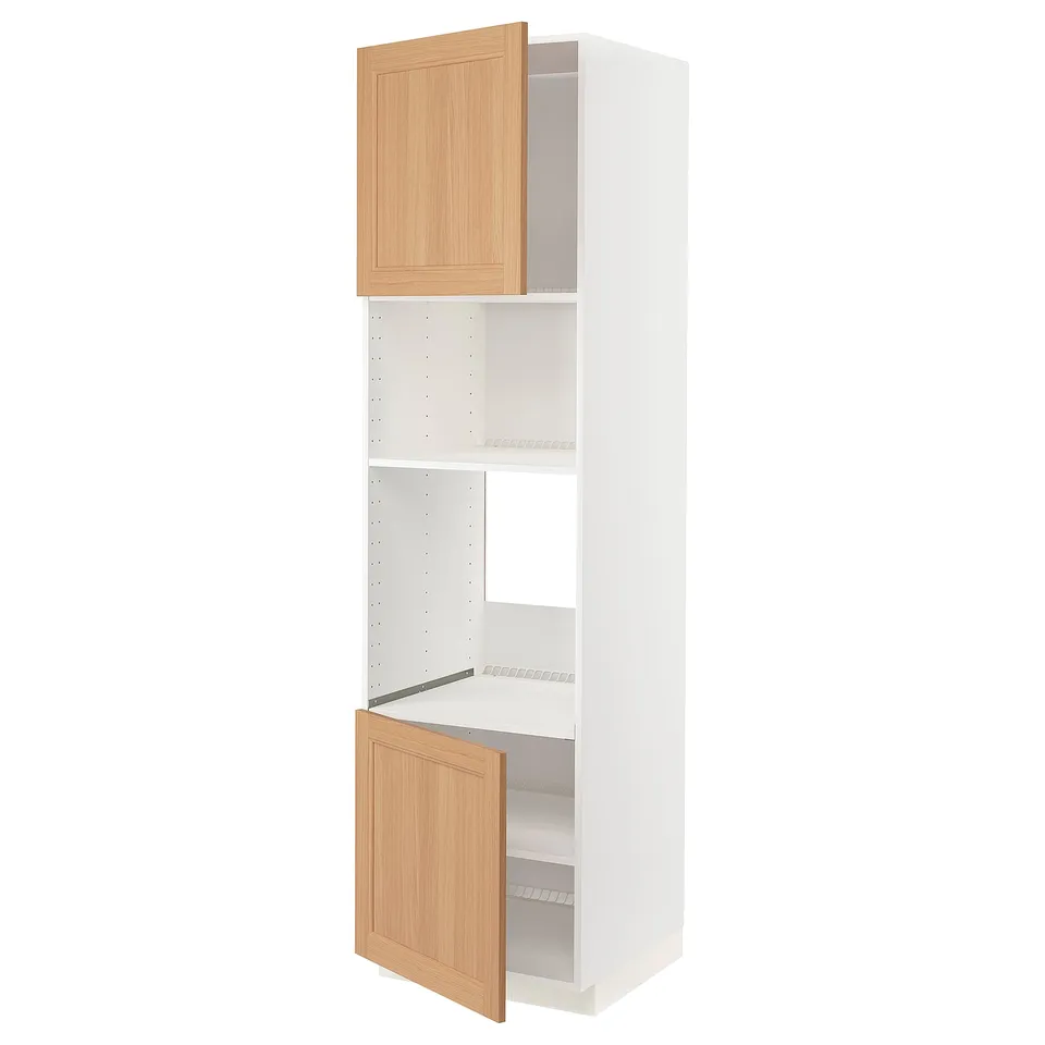 A white tall kitchen cabinet with oak doors, partially open, revealing storage shelves inside.