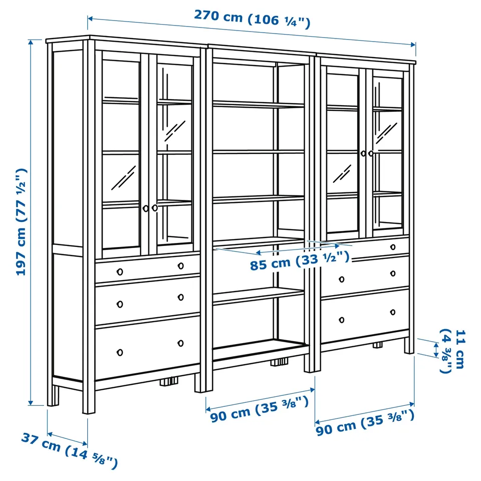 Illustration with measurements for the product: HEMNES.