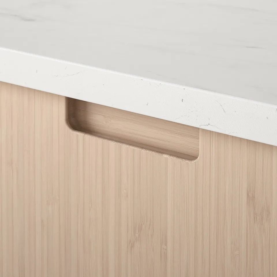 Modern kitchen drawer with bamboo front, smooth-running, high-quality design.