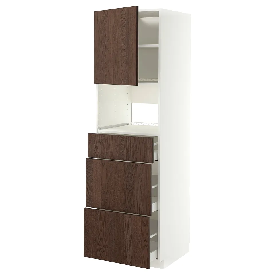 The METOD kitchen cabinet with dark brown sinarp wooden fronts. It has drawers and shelves for storage.