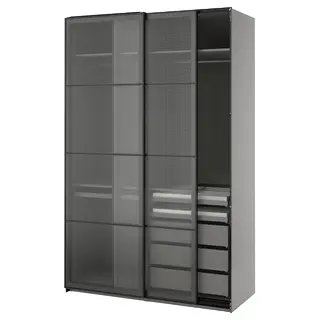 PAX / LUNDBRÄSMA wardrobe with sliding doors, dark grey black/checkered glass, 150x66x236 cm