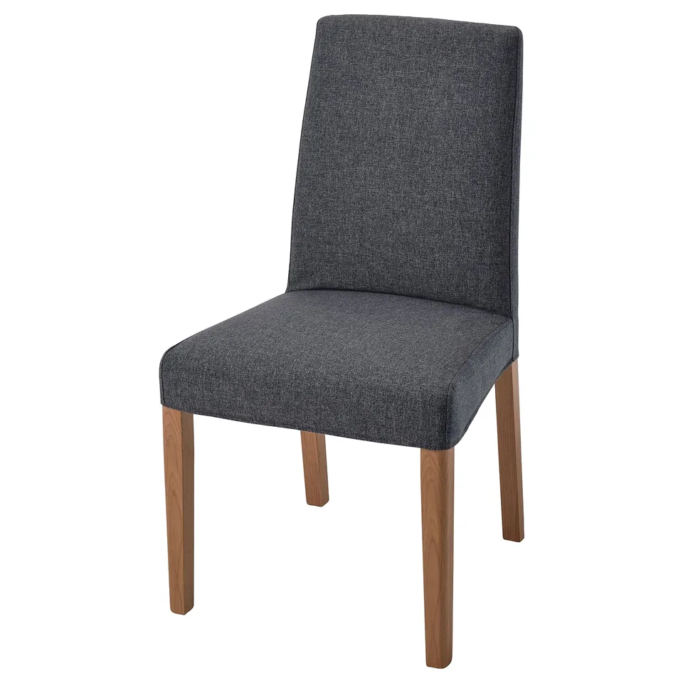 BERGMUND chair: dark grey fabric, wooden legs, high back, sleek design.