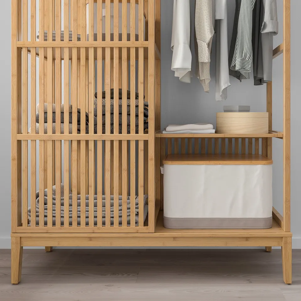 Wooden wardrobe with sliding door, shelves, and hanging space. Clothes and storage bins visible.
