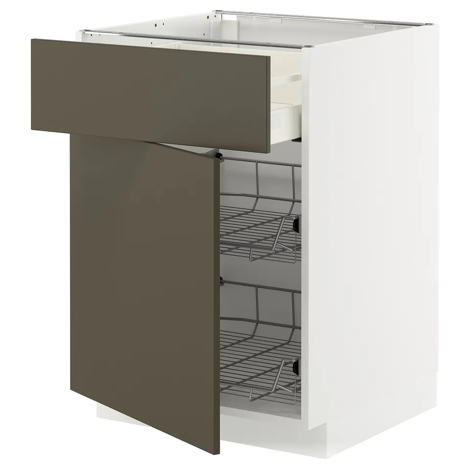 A white METOD kitchen cabinet with a dark brown drawer. It has a pull-out wire basket inside and a modern, sleek design.