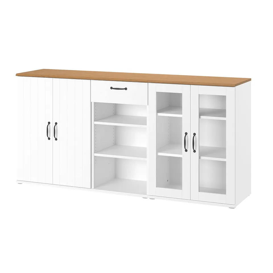 SKRUVBY white sideboard cabinet, wood top, glass doors.