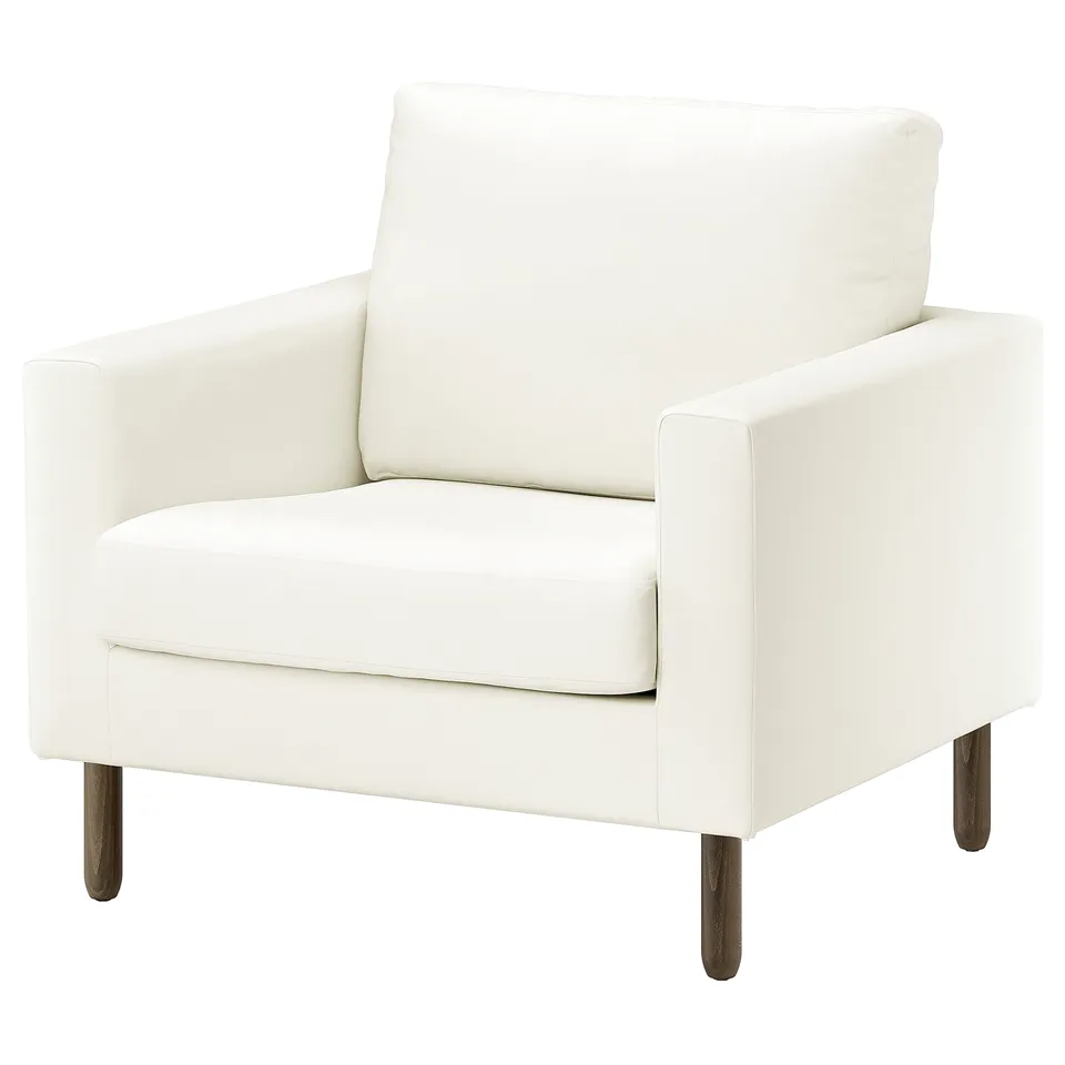SALTSJÖBADEN: white leather armchair, wooden legs, clean design, pocket springs for comfort.