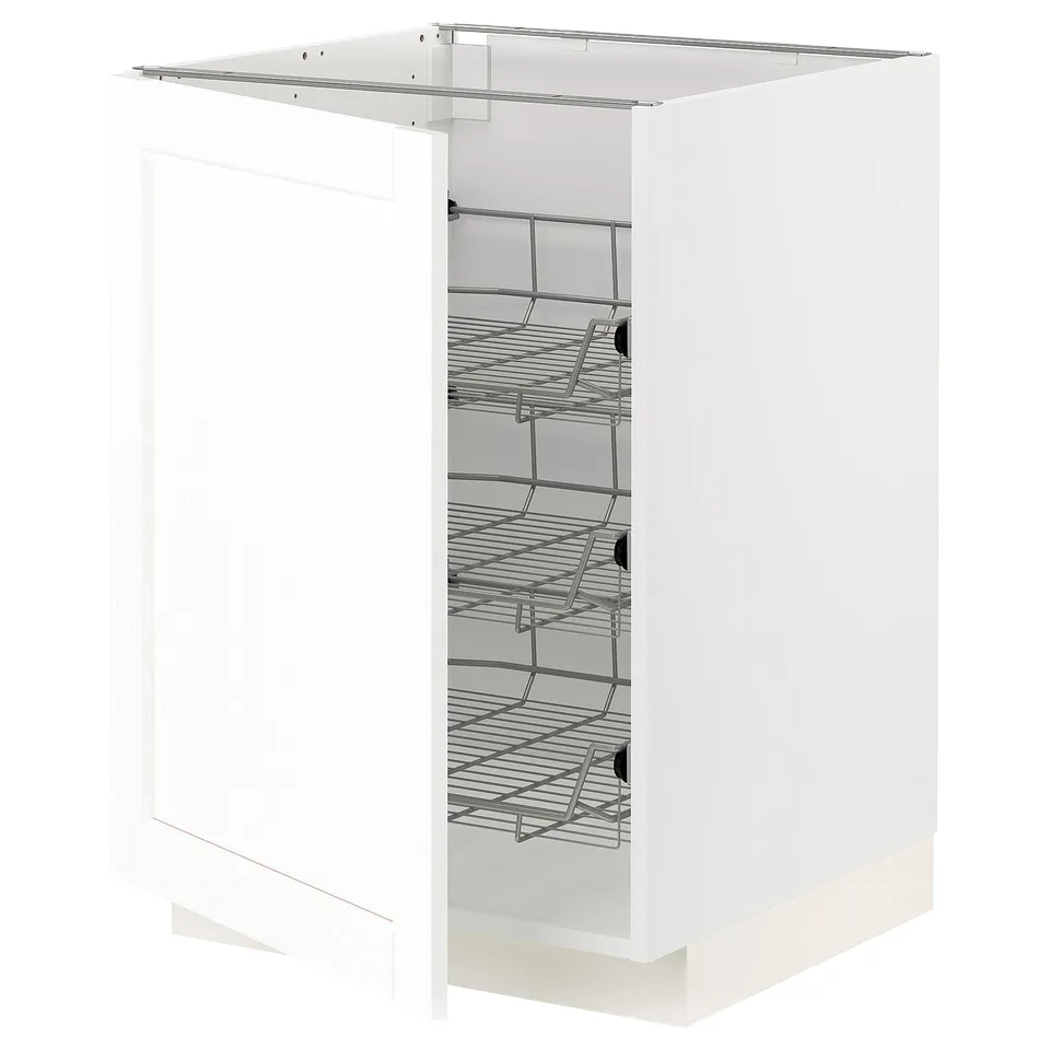 A white METOD kitchen cabinet with wire shelves. It a sturdy frame and adjustable, pull-out baskets for storage.