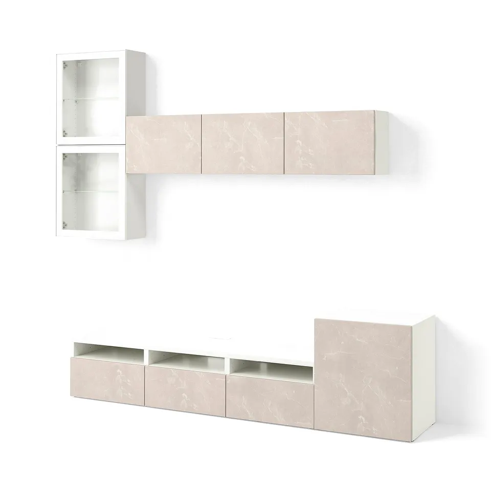 BESTÅ TV storage combination/glass doors, white Glassvik/Bergsviken beige, 300x42x211 cm