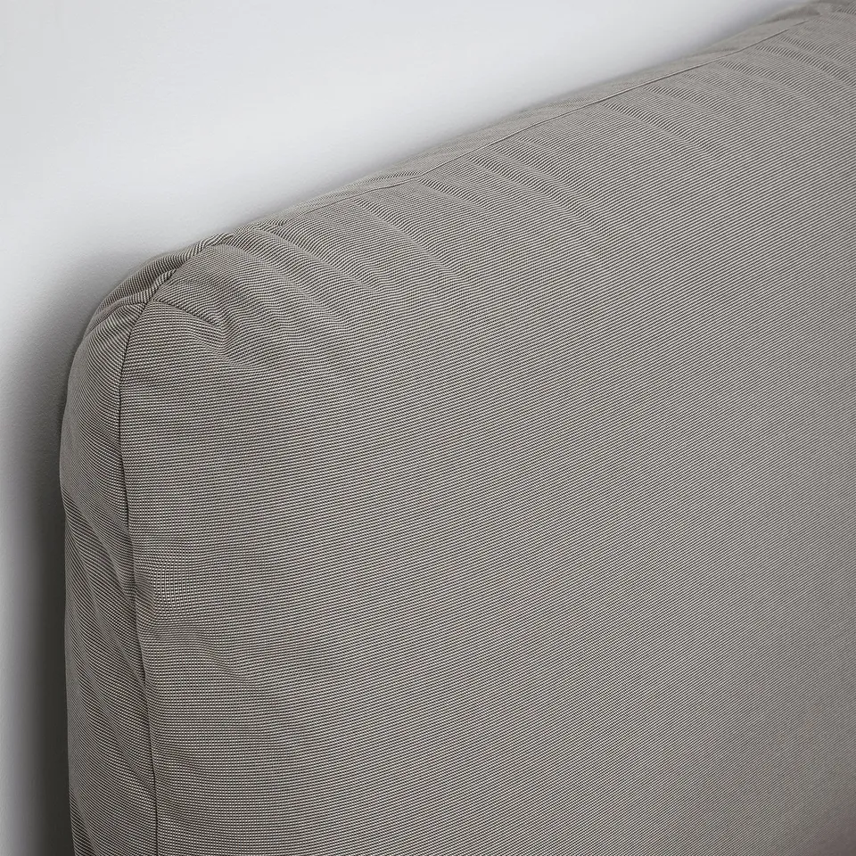 Modern bed frame with grey fabric, sloped headboard, sturdy design.