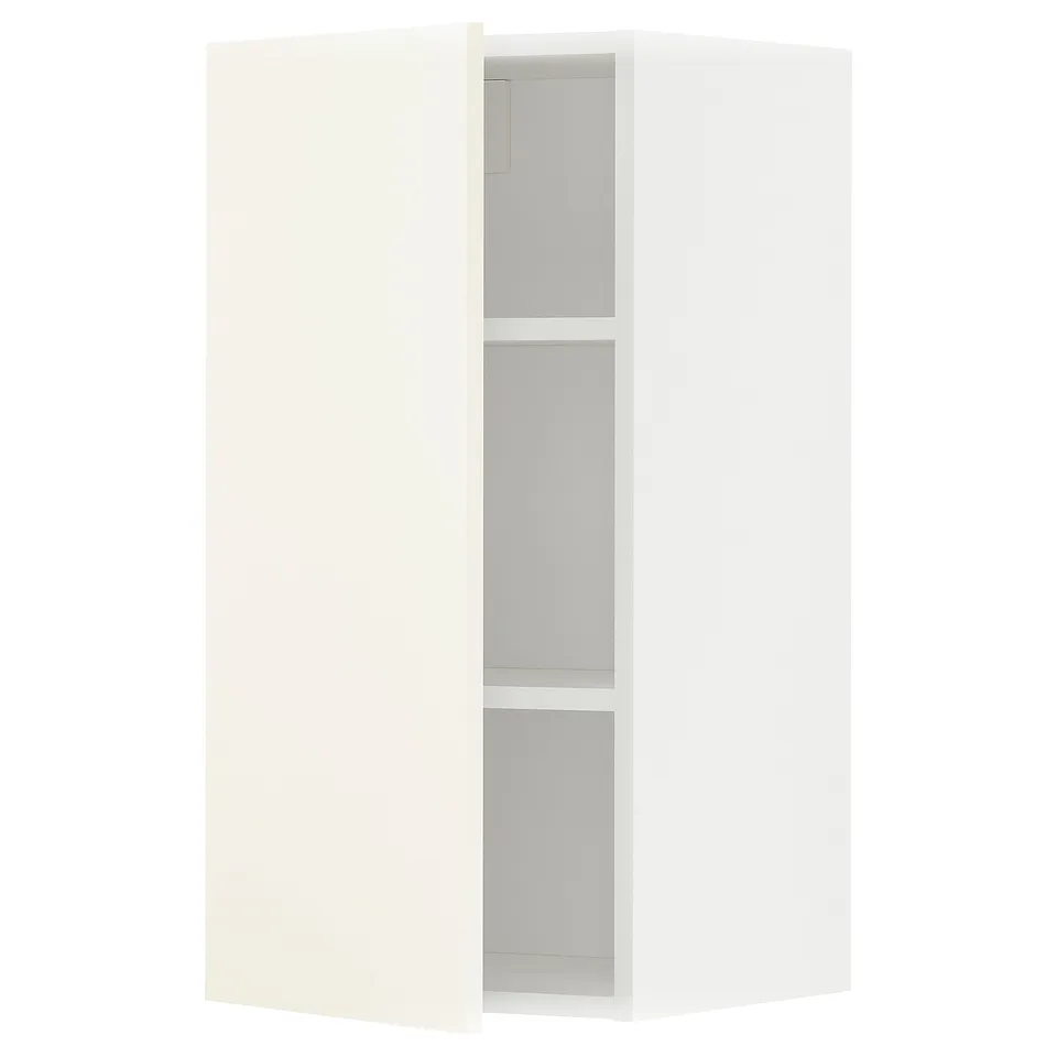 White wall-mounted kitchen cabinet, part of IKEAs METOD system. A tall, rectangular shape with an open, adjustable shelf inside.