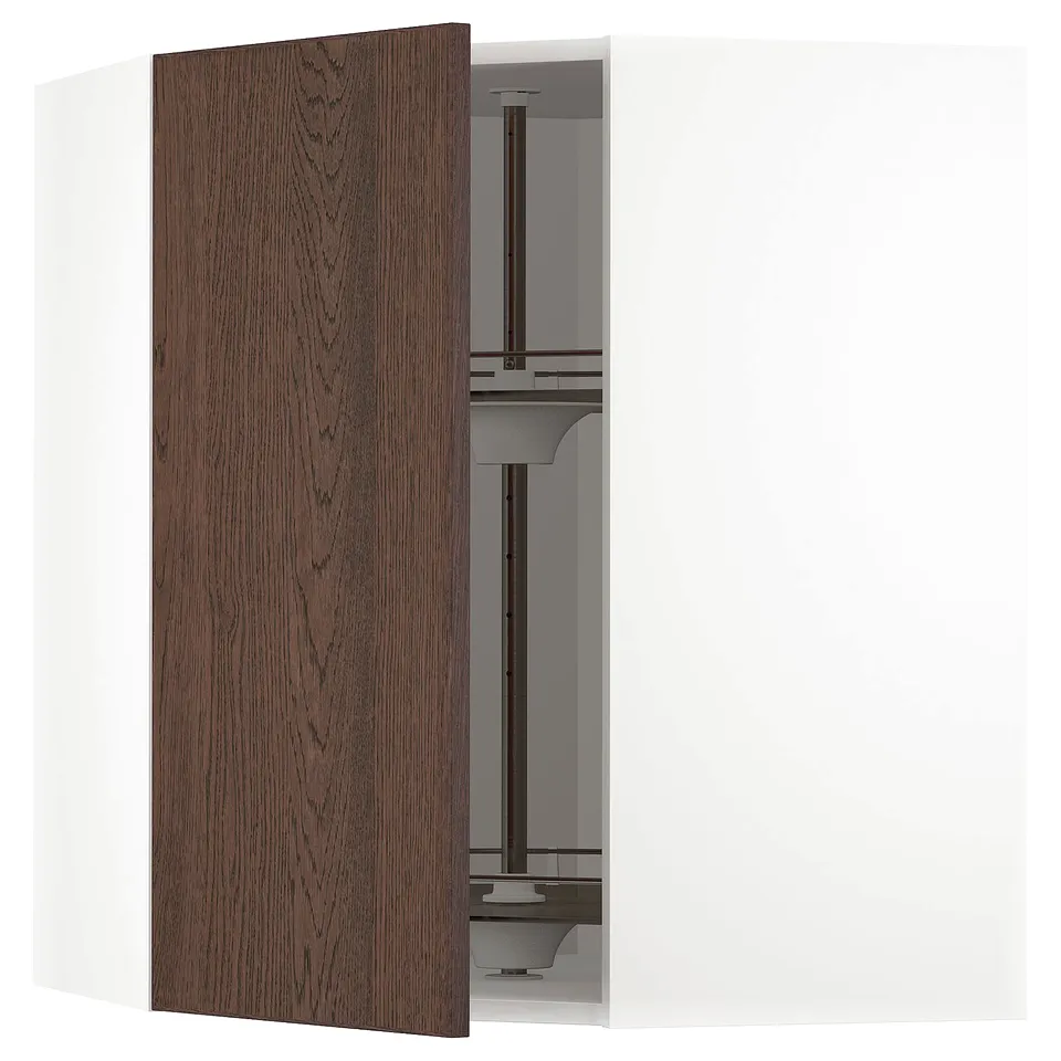 Wooden kitchen cabinet door, dark brown, open, with metal hinge, white background.