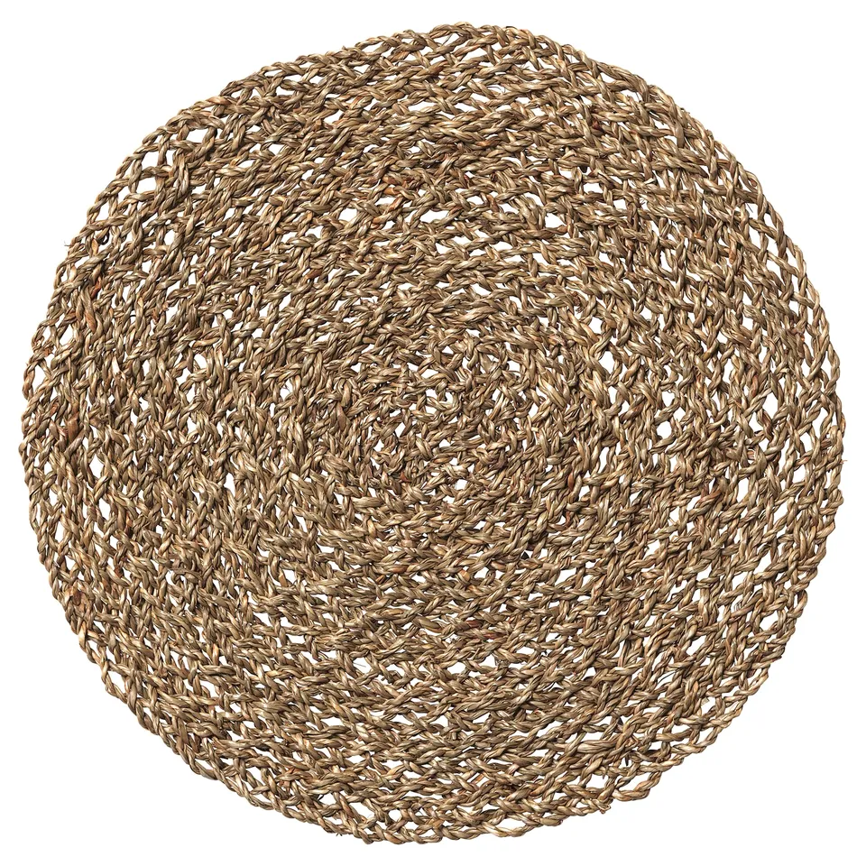 IHÅLLIG round woven seagrass place mat, natural colour, circular shape, intricate textured design.
