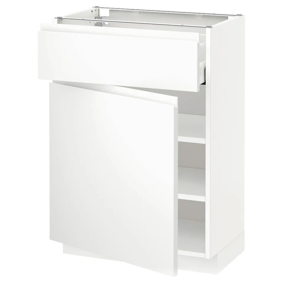 Modern white high-gloss cabinet with single smooth drawer, adjustable shelves, and integrated handles.