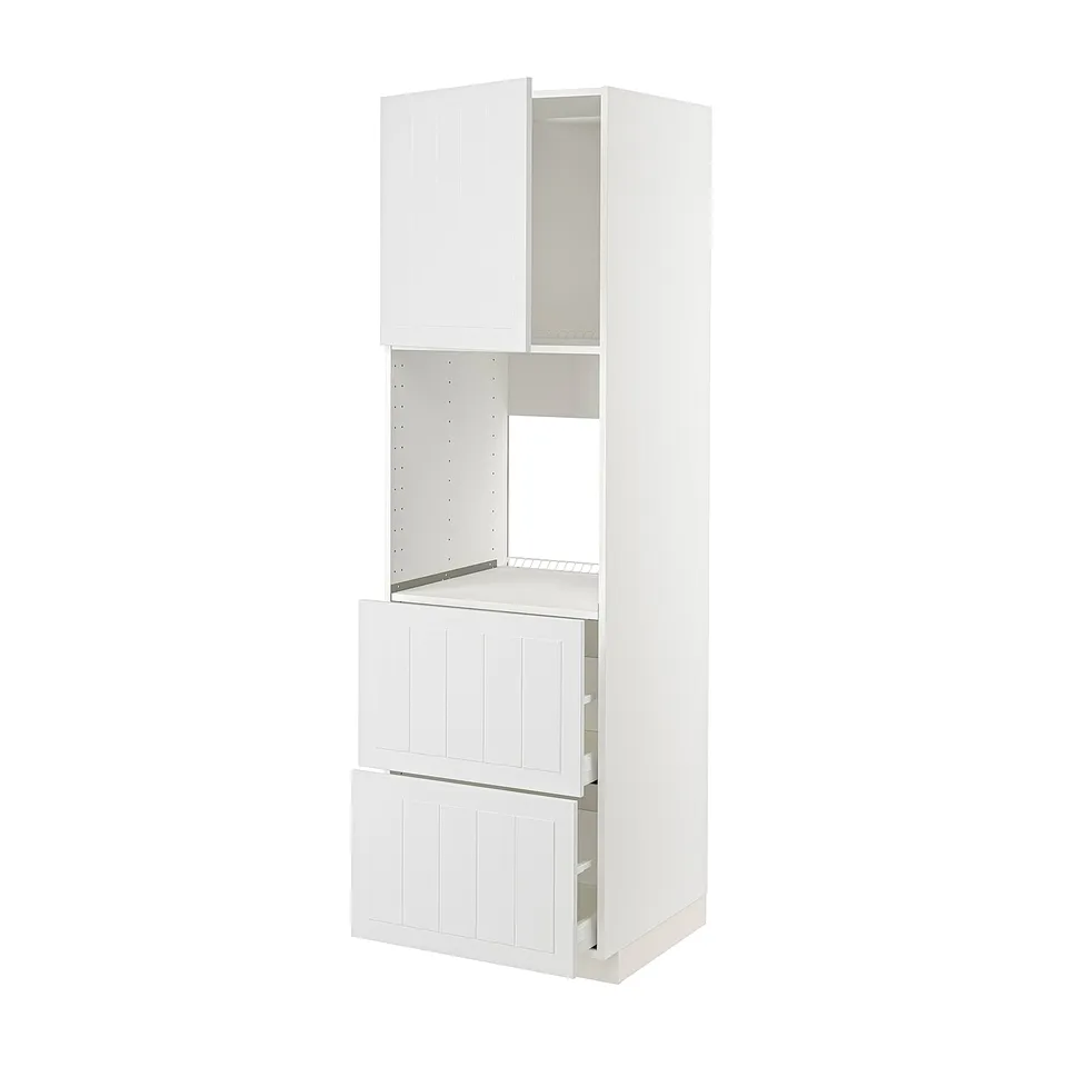 Ikea METOD white kitchen unit with shelves and drawers.
