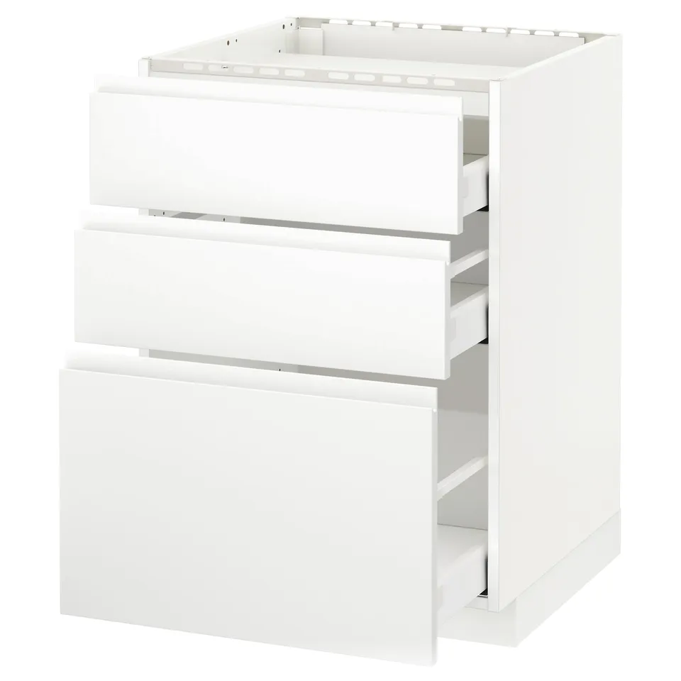 White METOD kitchen cabinet with three drawers, modern minimalist design, smooth-running drawers.