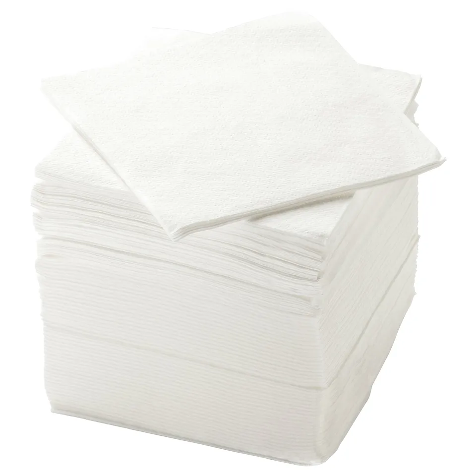 Stack of white square napkins, neatly folded, made of paper.