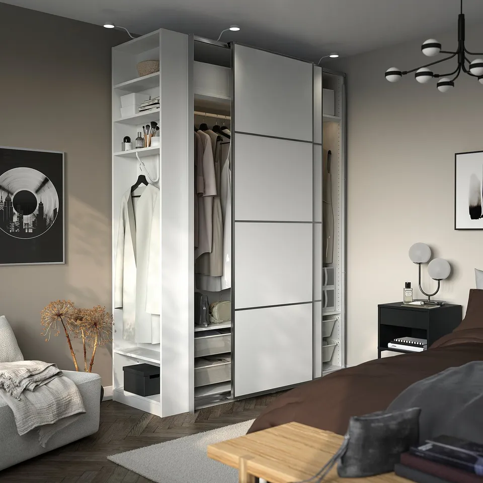 PAX / MEHAMN Wardrobe with sliding doors, white aluminium/white white, 170x66x236 cm