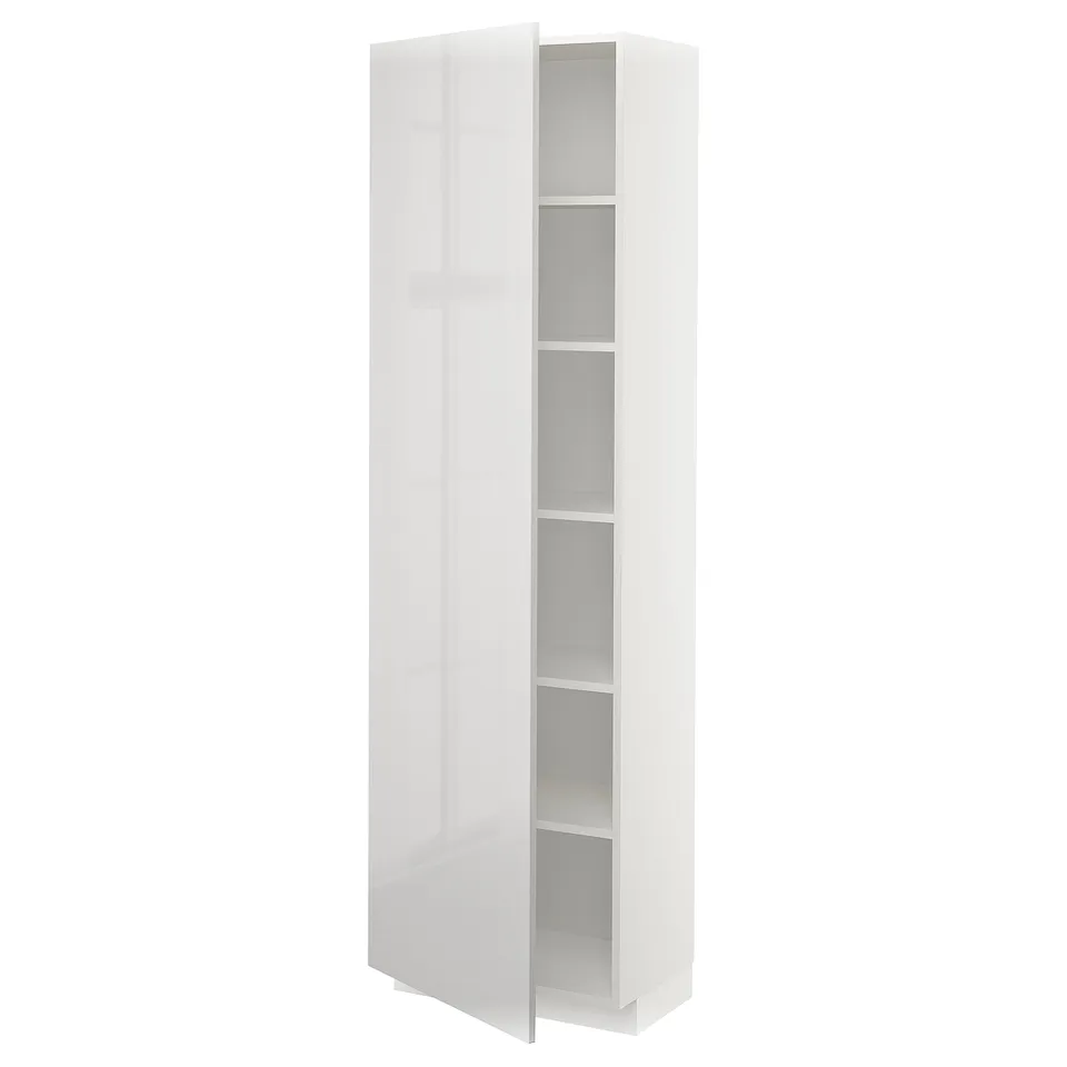 White high-gloss METOD kitchen cabinet with adjustable shelves, reversible door.