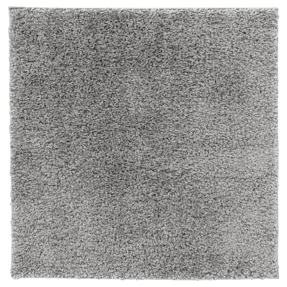 Depicts a light grey, square-shaped, plush indoor rug with a shaggy design. The rug appears soft and comfortable, suitable for living spaces.
