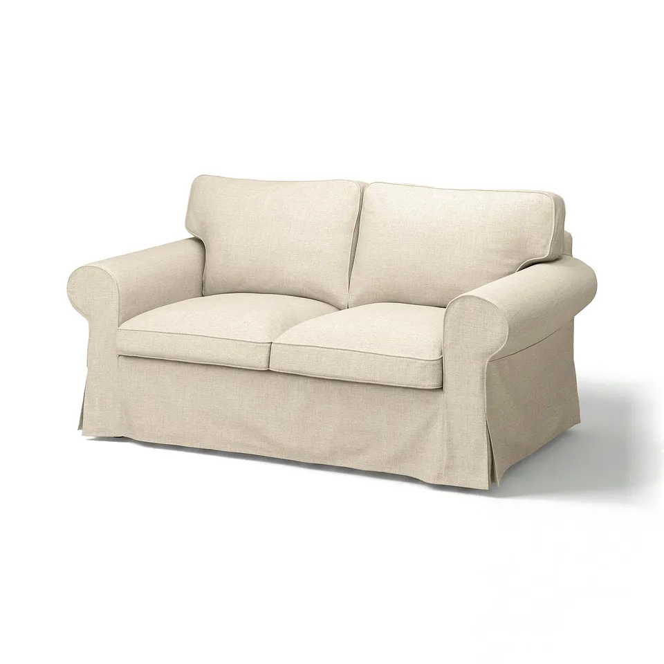 EKTORP loveseat, beige, rolled arms, thick cushions, neutral upholstery.