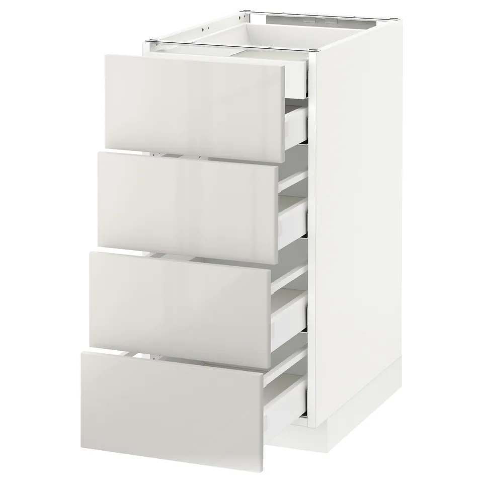 White kitchen cabinet with four shallow drawers, modern design and glossy finish.