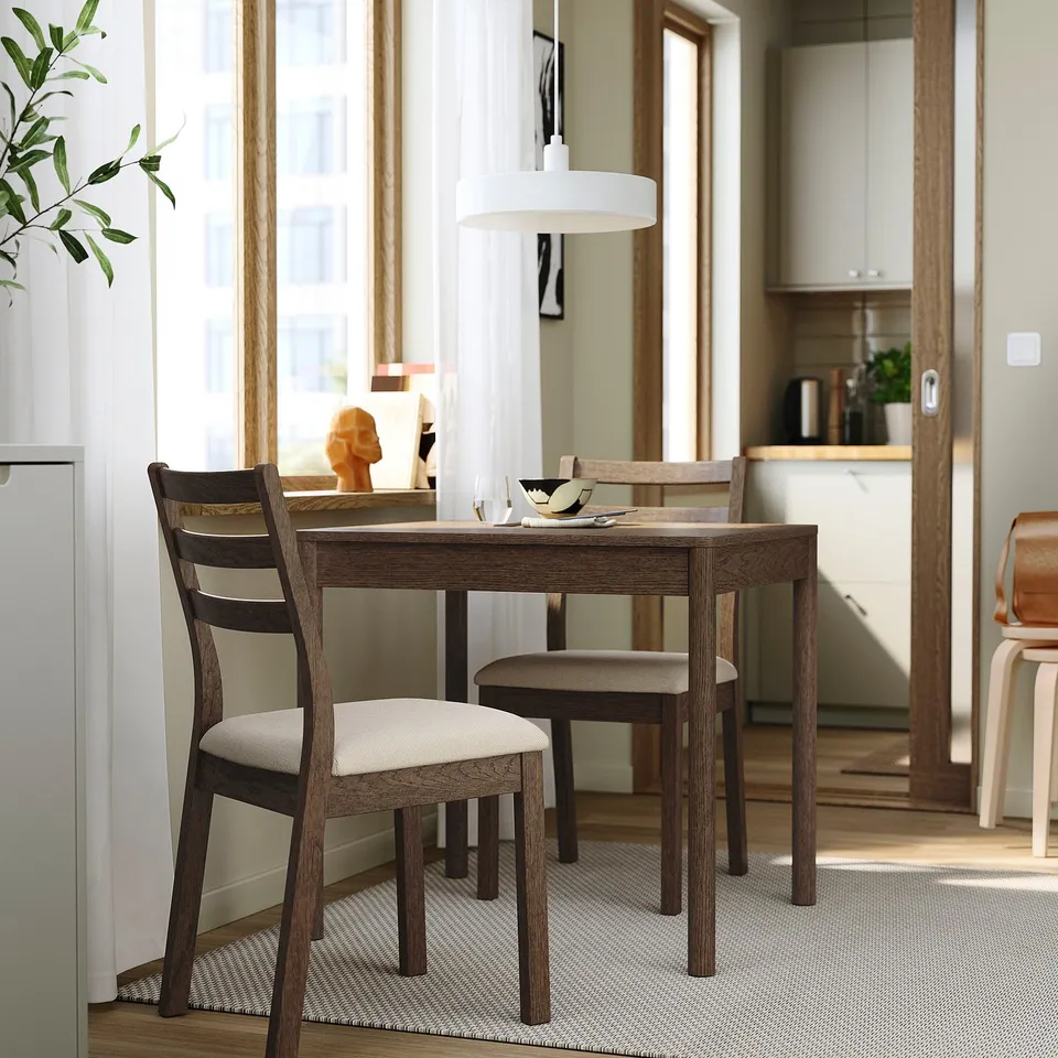 TONSTAD / TONSTAD Table and 2 chairs, brown oak veneer/brown oak effect Fridtuna light beige, 80/120x70 cm