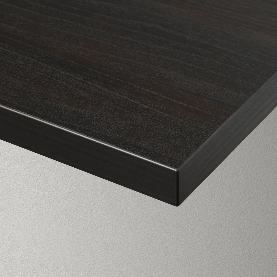 Dark wood-grained shelf with smooth, bevelled edge, high-quality finish.
