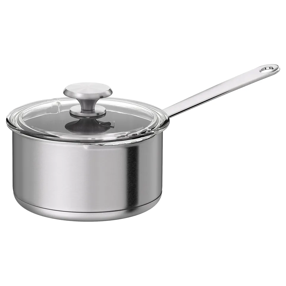 Stainless steel saucepan with glass lid & built-in strainer, silver, round body, long handle.