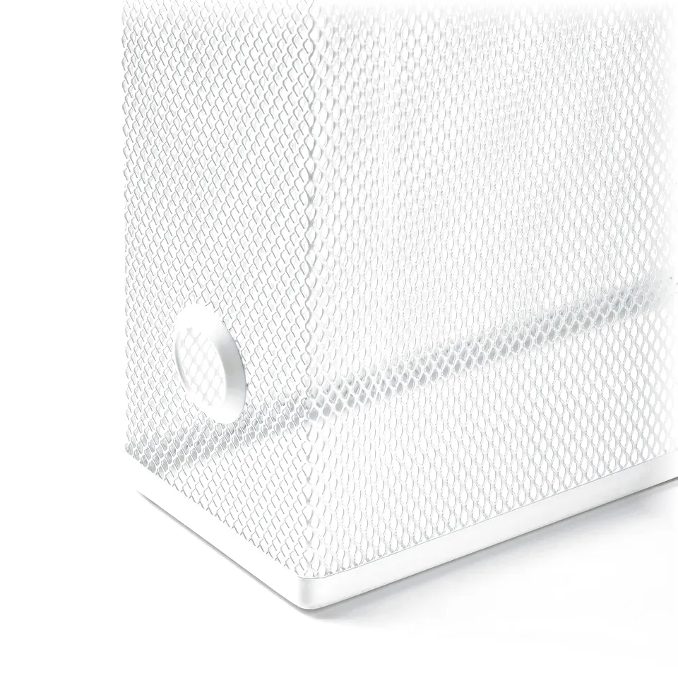 Close-up of a white metal mesh storage bin, displaying its durable design and handle cut-out.