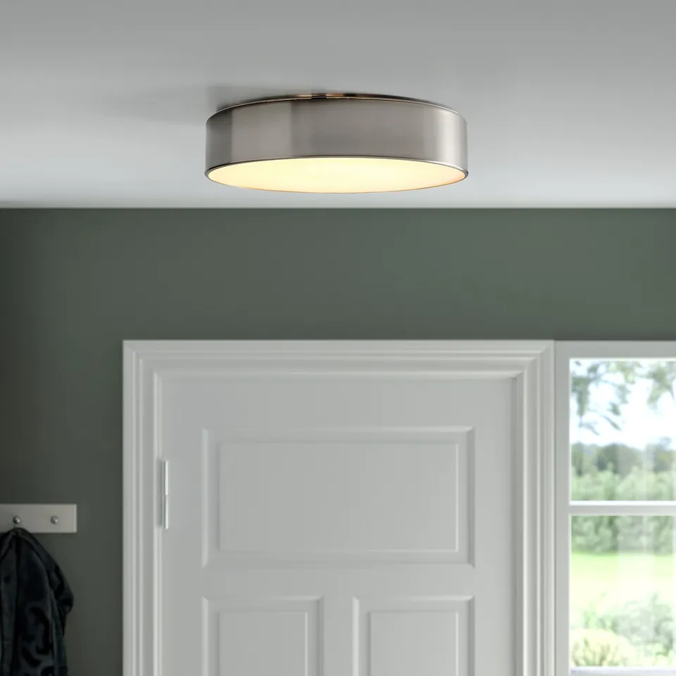 Ceiling light fixture emitting soft light, modern brushed metal design, suitable for hallways and kitchens.