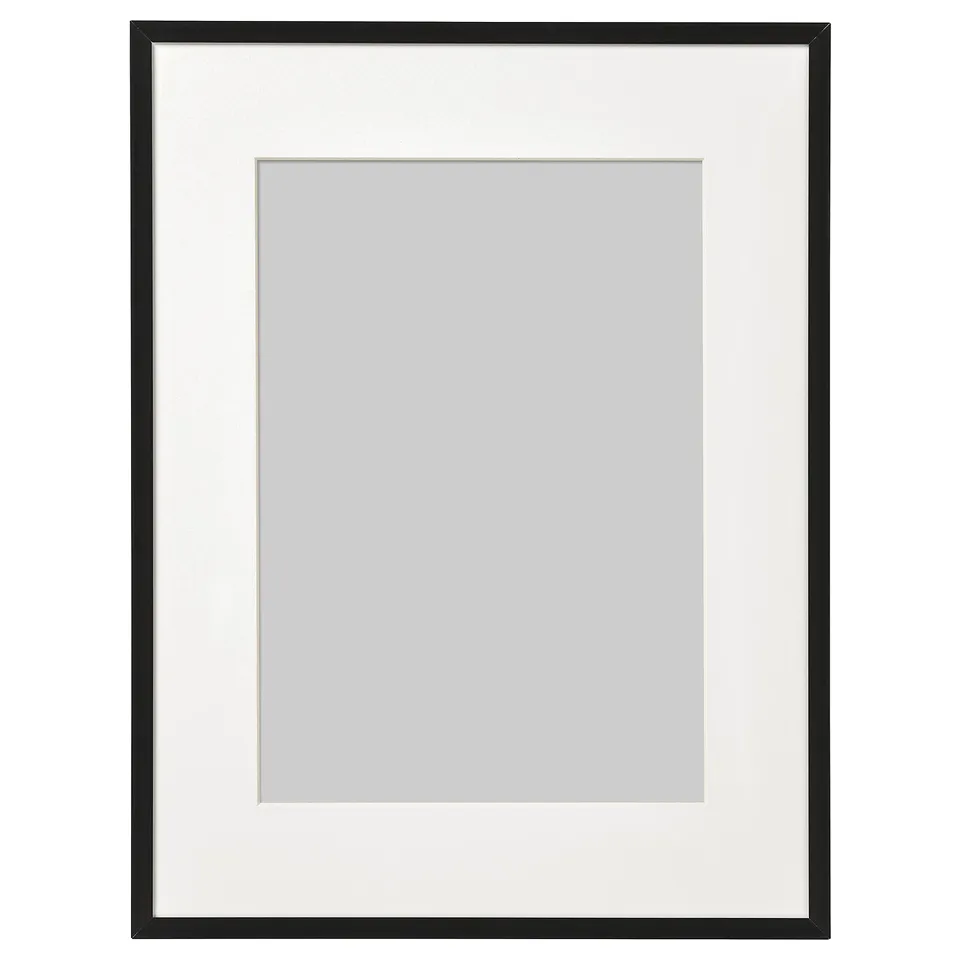 Black LOMVIKEN picture frame, rectangular design, with inner white mat, aluminium material.