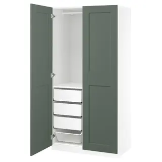 PAX / GRIMO wardrobe combination, white/grey-green, Width 100.0 x Depth 60.0 x Height 201.2 cm