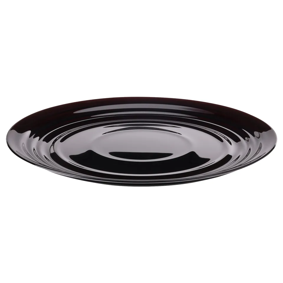 Black glass plate with rippled pattern, glossy finish, round shape.