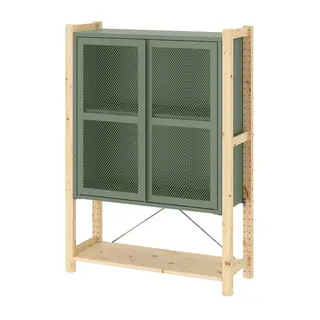 IVAR cabinet with doors, pine/grey-green mesh, 89x30x124 cm