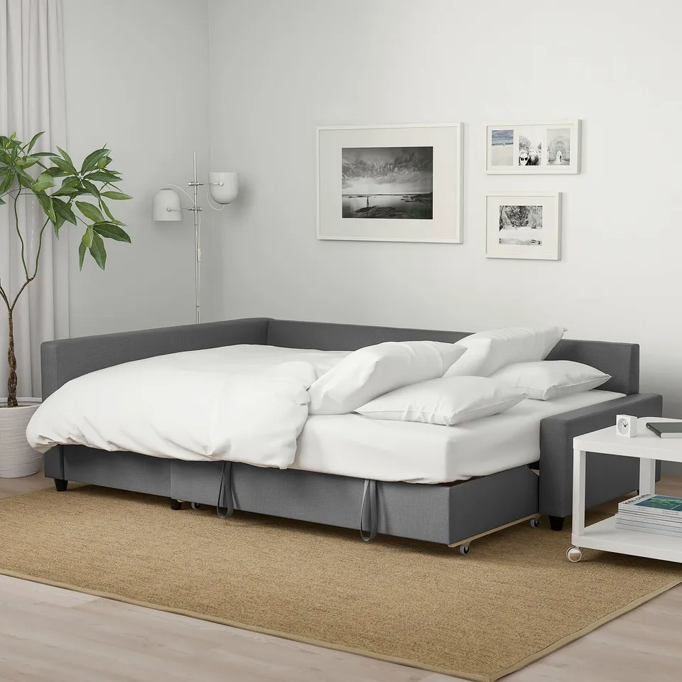 Minimalist living room with FRIHETEN grey sofa-bed, art, plant, books, beige rug.