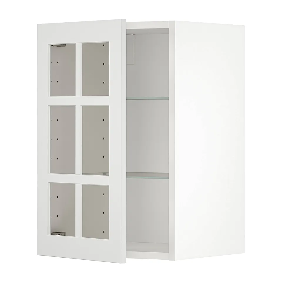 White METOD kitchen wall unit with glass doors, modern minimalist design.